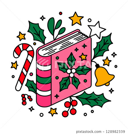 Christmas Book with Holly and Candy Cane Christmas Book with Holly and Candy Cane 128982339