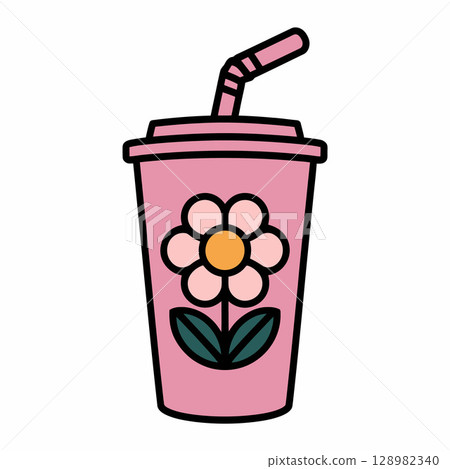 Pink Flower Cup with Striped Straw Pink Flower Cup with Striped Straw 128982340