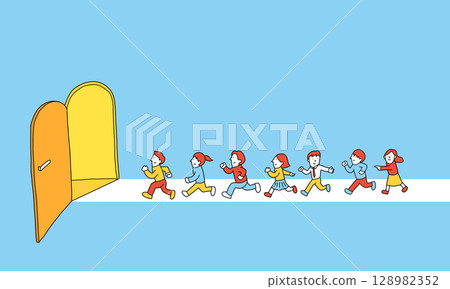 Illustration of momentum: Team members working together to move towards the next door 128982352