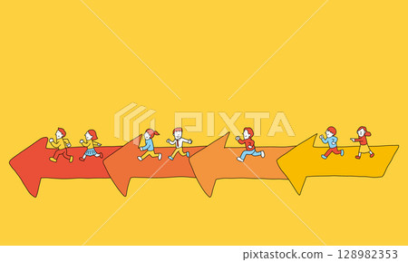 Image of moving forward in phases: People running towards the goal on an arrow 128982353