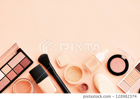 Varieties of face powders and foundations for perfect complexion, basic make up products to even out and matte skin, beauty cosmetics with brushes and sponges 128982374