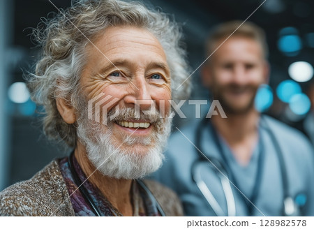Senior man smiles warmly in medical facility with doctor nearby 128982578