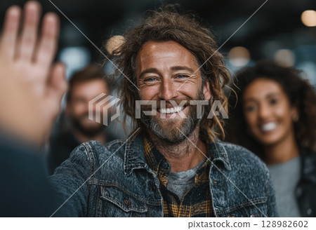 Smiling man greets friends with a joyful wave indoors Smiling man greets friends with a joyful wave indoors 128982602