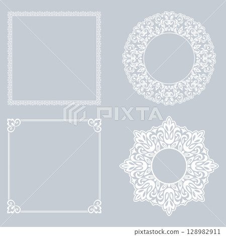 Set of decorative frames Elegant vector element for design in Eastern style, place for text. Floral gray and white borders. Lace illustration for invitations and greeting cards 128982911