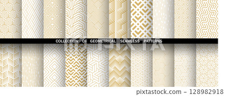 Geometric set of seamless golden and white patterns. Simple vector graphics Geometric set of seamless golden and white patterns. Simple vector graphics 128982918