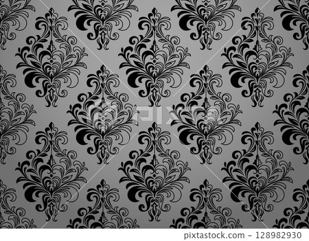 Wallpaper in the style of Baroque. Gray and black floral ornament. Seamless vector background. Graphic pattern for fabric, wallpaper, packaging. Ornate Damask flower illustration 128982930