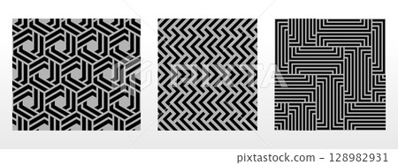 Geometric set of seamless black and gray patterns. Simple vector graphics 128982931