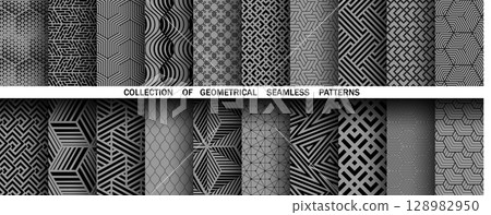 Geometric set of seamless black and gray patterns. Simple vector graphics. 128982950