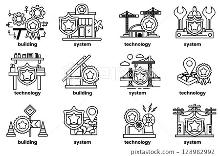 image is a collection of different gears and symbols 128982992