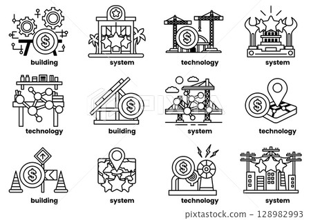 image is a collection of different gears and symbols 128982993