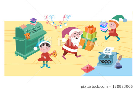 Santa Claus and elves are preparing for Christmas. New Year and winter holidays. Children scene for design. Vector illustration. 128983006