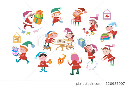 Elves and Santa Claus getting ready for Christmas. New Year Eve and winter holidays. Set of isolated children illustrations on white background. Stylized image for greeting card. 128983007