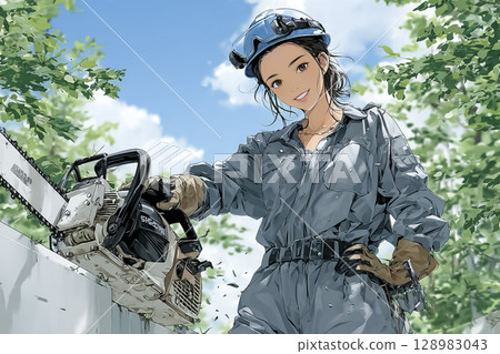 林業 — 一位微笑的女人手持電鋸的插圖 128983043