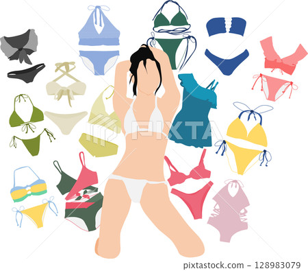 一位女士正在考慮要穿哪件泳衣的插圖 一位女士正在考慮要穿哪件泳衣的插圖 128983079