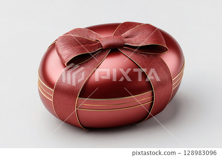 Luxury present. Easter egg shaped gift box on white background. Easter traditions. 128983096
