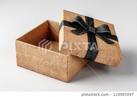 Holiday packaging. Opened elegant square box. Jewelry, birthdays and luxury branding. Holiday packaging. Opened elegant square box. Jewelry, birthdays and luxury branding. 128983097