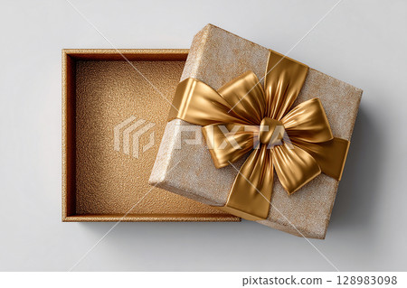 Gift wrapping. Premium packaging. Opened elegant square box. Top view. Jewelry, birthdays and luxury branding. Gift wrapping. Premium packaging. Opened elegant square box. Top view. Jewelry, birthdays and luxury branding. 128983098