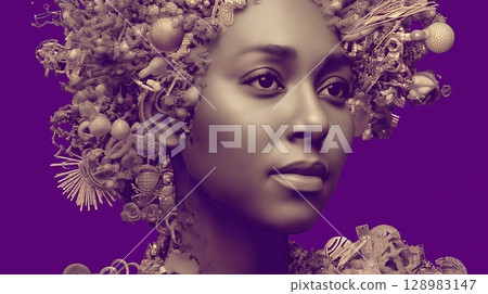 Intricate portrait of a woman with artistic floral hair on a purple background. Intricate portrait of a woman with artistic floral hair on a purple background. 128983147