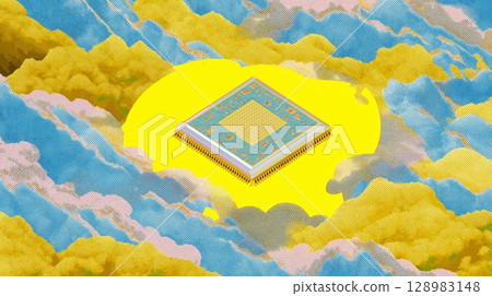 Digital art collage abstract concept, Abstract illustration of a microchip surrounded by colorful waves. Digital art collage abstract concept, Abstract illustration of a microchip surrounded by colorful waves. 128983148