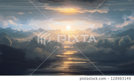 Serene sunset over water with dramatic clouds and soft light reflections. 128983149
