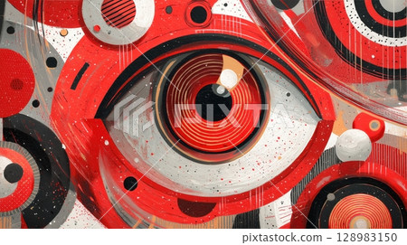 Abstract eye illustration with red, black, and circular patterns. 128983150