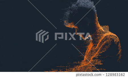 Silhouette of a person created with text on a dark background. 128983162