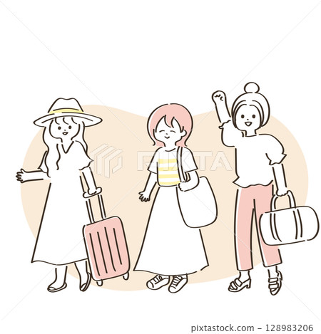 Cute illustrations of women enjoying a girls' trip in the summer 128983206