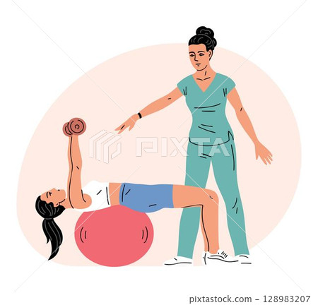 Young woman exercises with gym ball and dumbbells under supervision of physical therapist Young woman exercises with gym ball and dumbbells under supervision of physical therapist 128983207