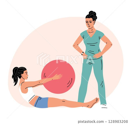 A young woman exercises with a gym ball under the supervision of a physiotherapist 128983208