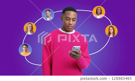 Referral program, Refer friend and earn concept, Young man engaged with smartphone amidst social media icons. 128983465