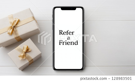 Referral program, Refer friend and earn concept, Phone displaying "Refer a Friend" next to gift boxes. 128983501