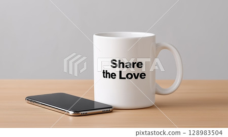 Referral program, Refer friend and earn concept, White mug with "Share the Love" text next to a smartphone on a wooden surface. 128983504