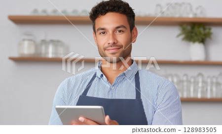 Smiling man using a tablet in a modern kitchen setting. 128983505