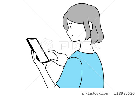 A young woman looking sideways while smiling and checking her smartphone A young woman looking sideways while smiling and checking her smartphone 128983526