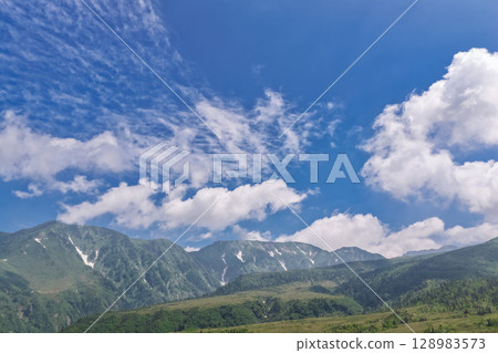 Mount Dainichi and Mount Oku-Dainichi seen from Midagahara (aerial shot by drone) Mount Dainichi and Mount Oku-Dainichi seen from Midagahara (aerial shot by drone) 128983573