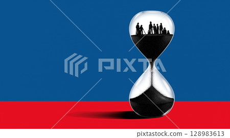 Collage pop art illustration of Hourglass symbolizing time and societal issues against a bold background. Collage pop art illustration of Hourglass symbolizing time and societal issues against a bold background. 128983613