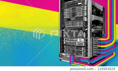 Collage pop art illustration of digital information cloud server concept, Colorful digital server with abstract geometric background design. 128983628