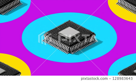 Collage pop art illustration of quantum technology concept, Colorful illustration of a microchip on vibrant backgrounds. 128983643
