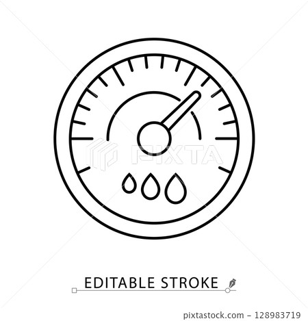 Hygrometer icon with editable stroke. Outline vector of analog humidity meter gauge with water drop indicators. Used in laboratories and industrial environments for humidity measurement. Hygrometer icon with editable stroke. Outline vector of analog humidity meter gauge with water drop indicators. Used in laboratories and industrial environments for humidity measurement. 128983719