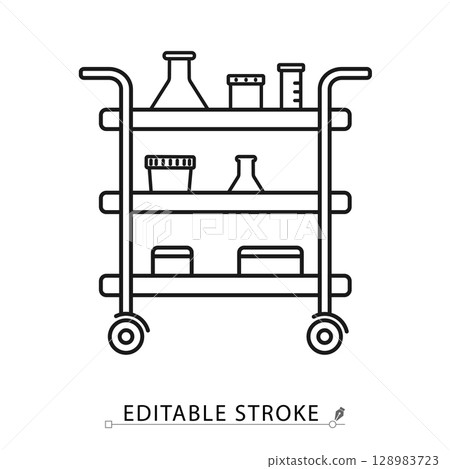 Lab cart icon in editable stroke. Laboratory trolley outline vector with shelves and glassware. Mobile science equipment for experiments, test tube storage, beakers, and sample transport. 128983723