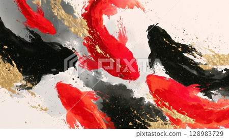 日式抽像水墨畫，描繪紅黑金魚和金箔 128983729