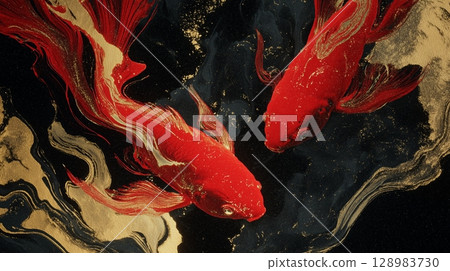 日式抽像水墨畫，紅色金魚和金箔在黑色背景上閃閃發光 128983730