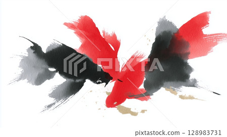 日式抽像水墨畫,紅黑金魚在白色背景上游動 日式抽像水墨畫,紅黑金魚在白色背景上游動 128983731