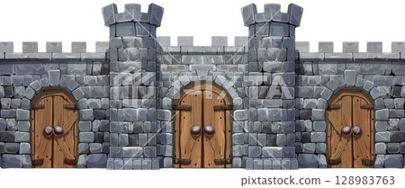 Gray stone castle wall, wooden doors, cartoon style, 2D game art, front view design. Gray stone castle wall, wooden doors, cartoon style, 2D game art, front view design. 128983763