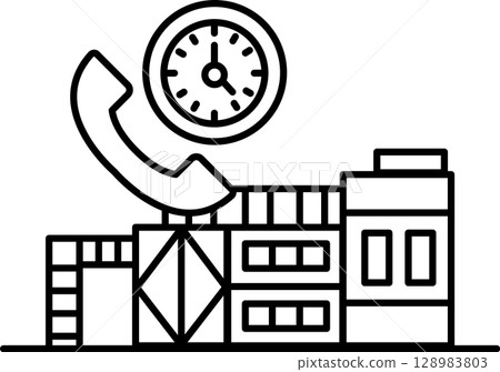 A clock is on top of a building with a phone on the ground 128983803