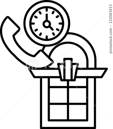 A clock and a phone are on top of a window 128983815