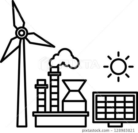 A windmill is shown next to a factory and a solar panel A windmill is shown next to a factory and a solar panel 128983821