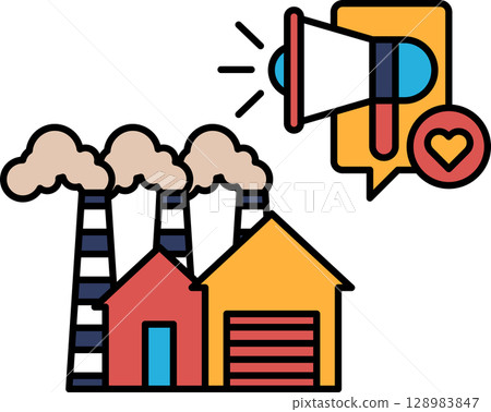 A cartoon drawing of a factory with a large speaker in the background 128983847