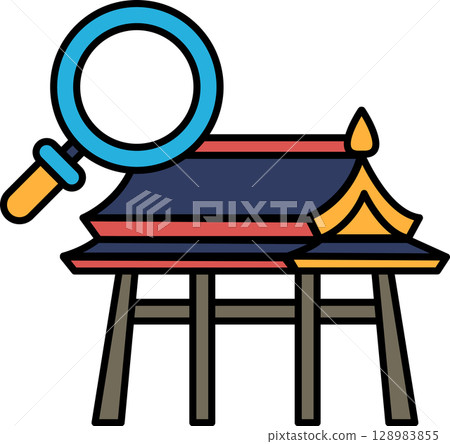 A blue and red building with a magnifying glass on top of it 128983855