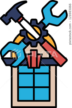 A blue and red toolbox with a hammer and wrench on top 128983866